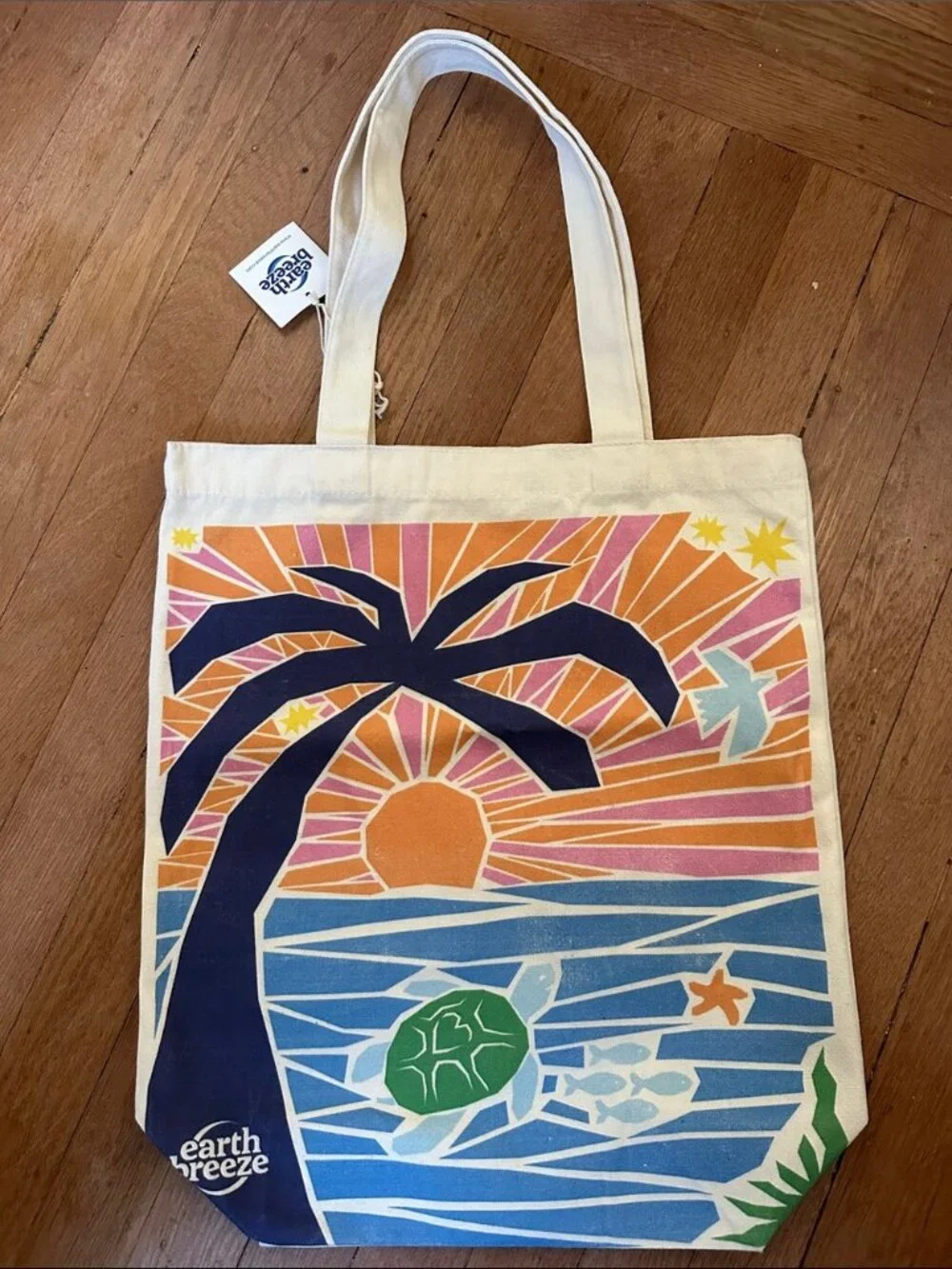 New Earth Breeze ocean conservation turtle tropical palm beach canvas tote bag